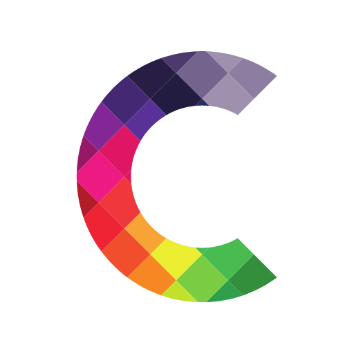 A pixelated letter C with each pixel being a different color